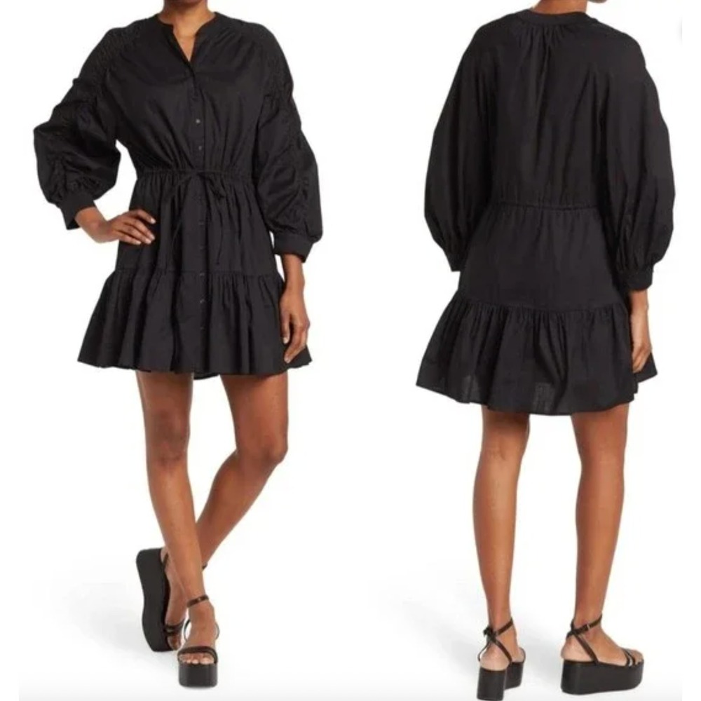ASTR the Label Ruched Shirt Dress Large Cotton Button‎ Mini Tie Black Ruffle